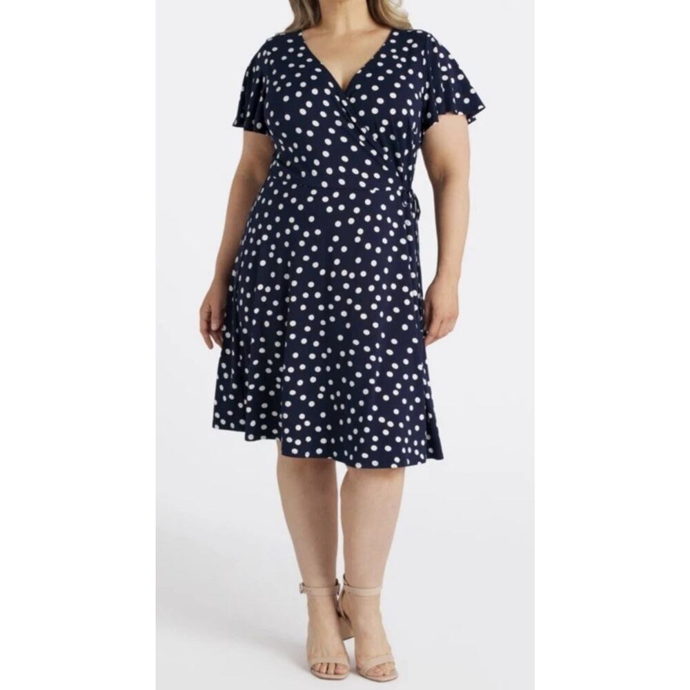 Fortune + Ivy Navy Blue Faux Wrap Dress & White Polka Dot Pattern Plus Size 2x